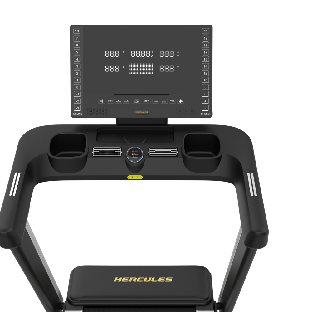 Hercules treadmill with a large central console showing workout data and control buttons.