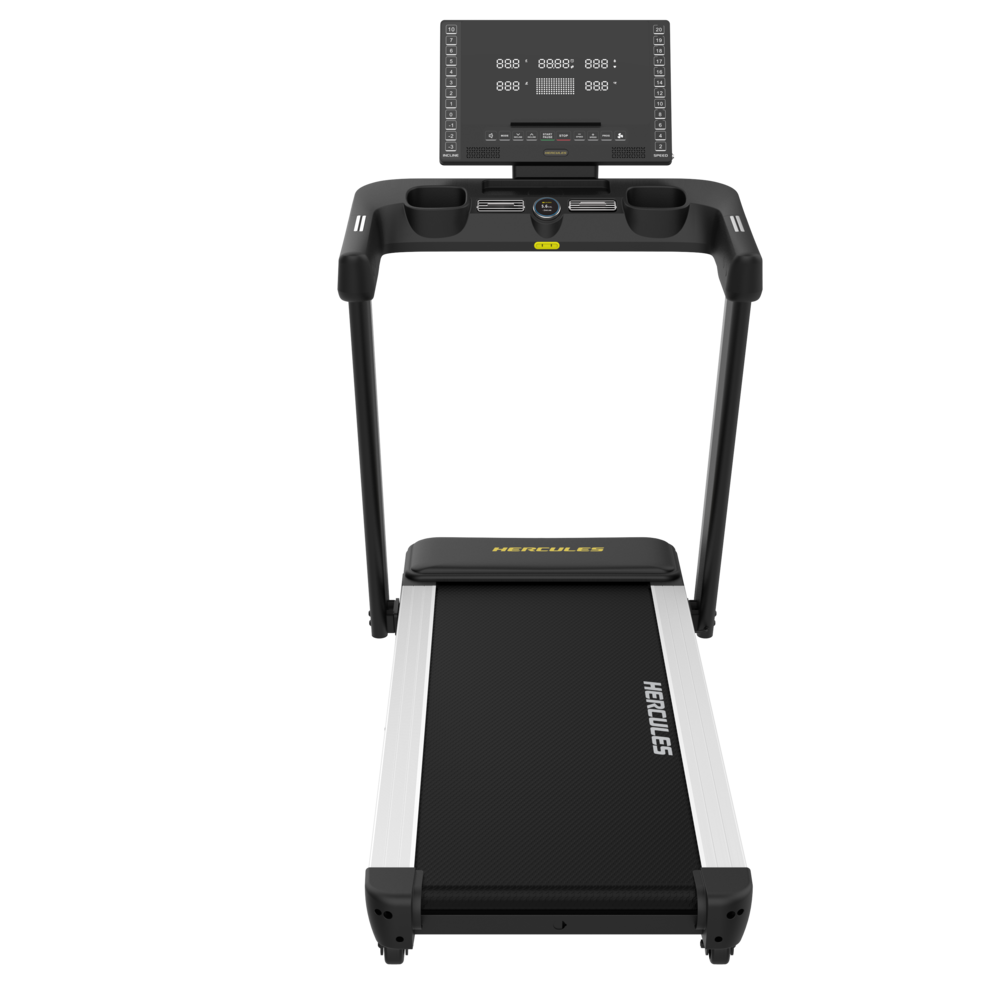 Front view of a black and silver treadmill with a large console screen, side rails, and a textured running belt labeled 'HERCULES' for cardio exercise.