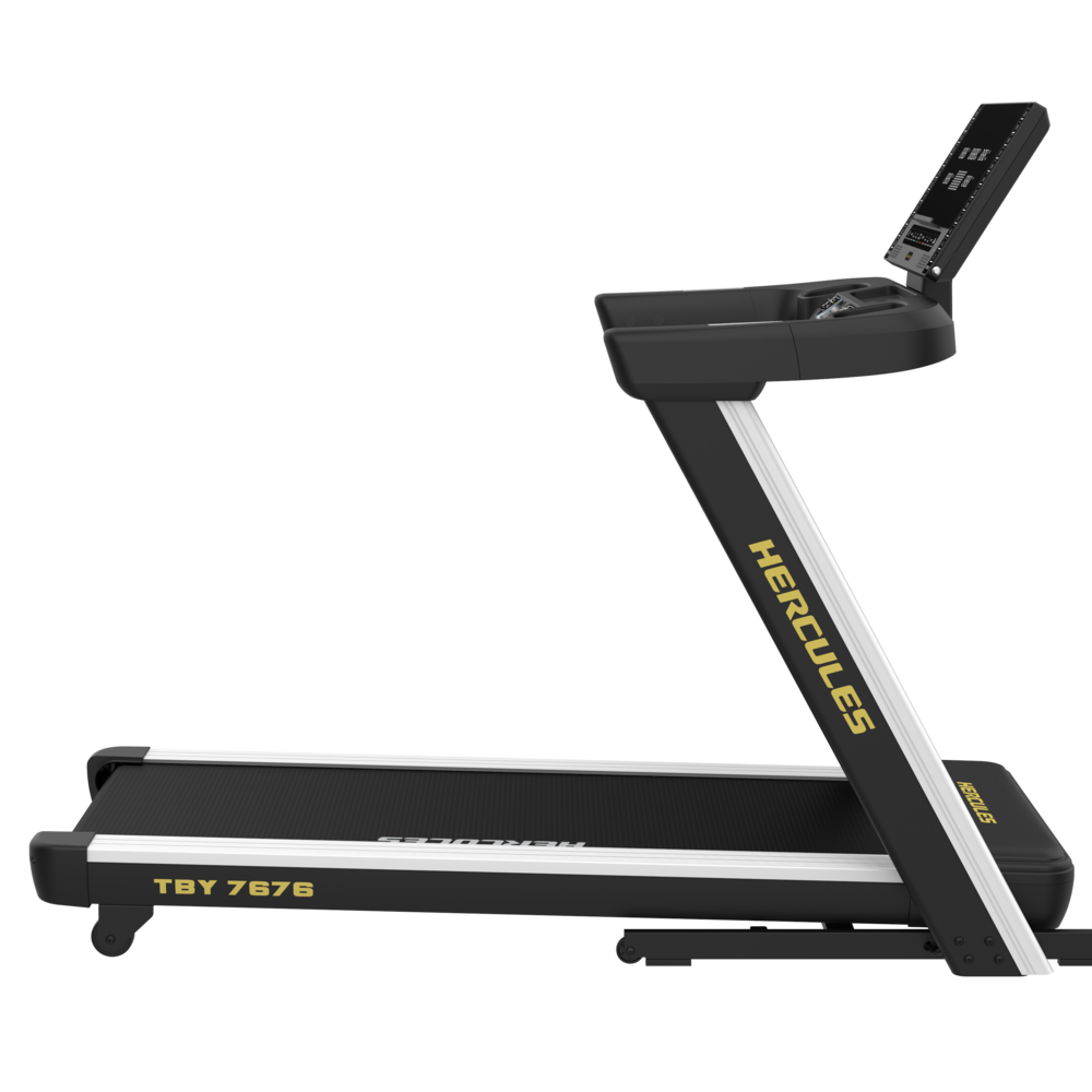 Black and gray treadmill with a wide running belt, incline console, and yellow 'HERCULES' branding on the frame.
