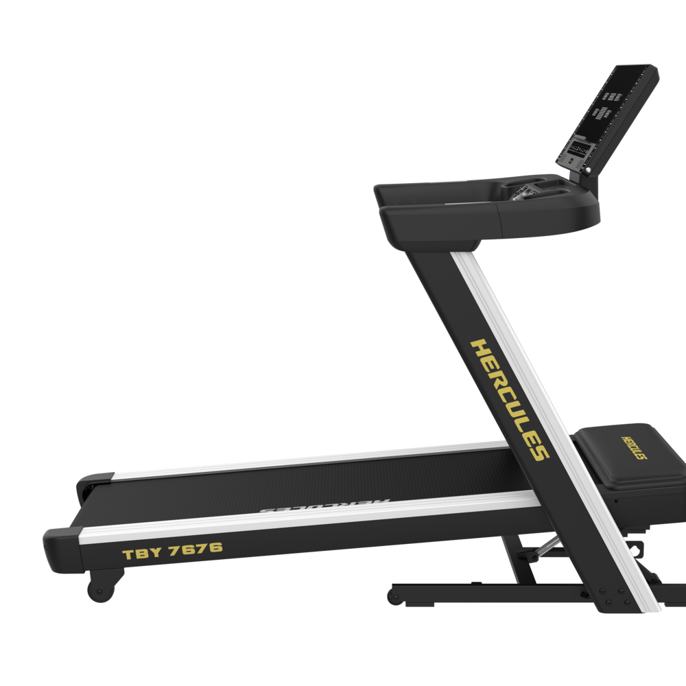 Black treadmill in profile with a raised console, yellow Hercules branding, and TB Y 7676 model label on the belt frame.