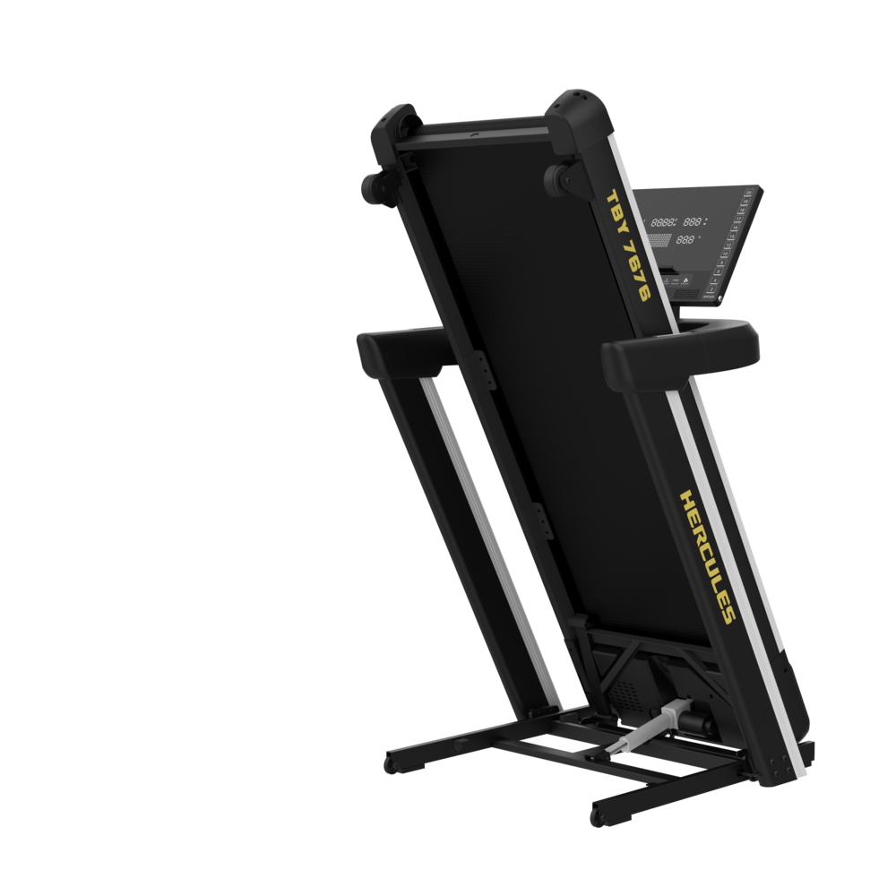 Foldable black treadmill with a compact console on the right and safety rails, shown in a compact stored position.