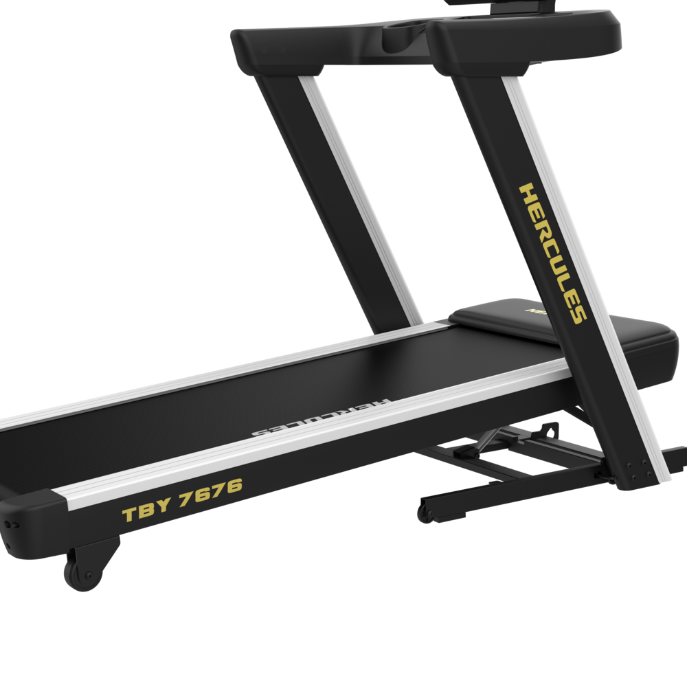 Treadmill with a black frame and silver rails, labeled Hercules TBY 7676, viewed from the side with a running belt and incline supports.