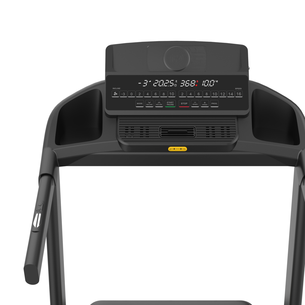 Top-front view of a treadmill console with a digital display, speed and incline controls, and an emergency stop button below.