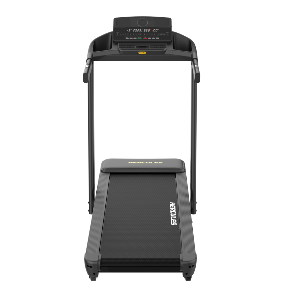 Front view of a Hercules treadmill with a wide running belt and a digital console above, black and gray design, brand visible on belt.