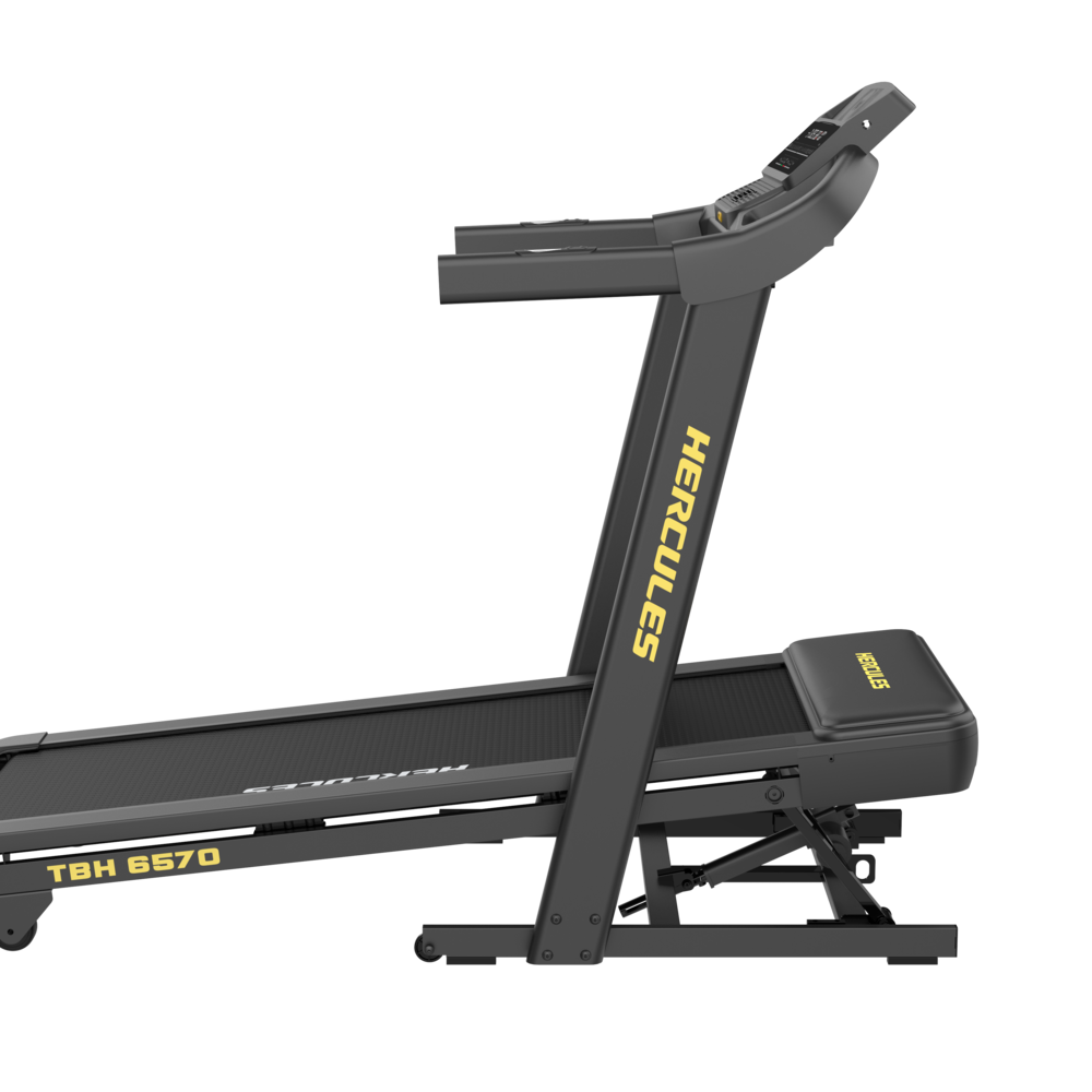 Side view of a Hercules TBH 6570 folding treadmill with black frame and yellow branding