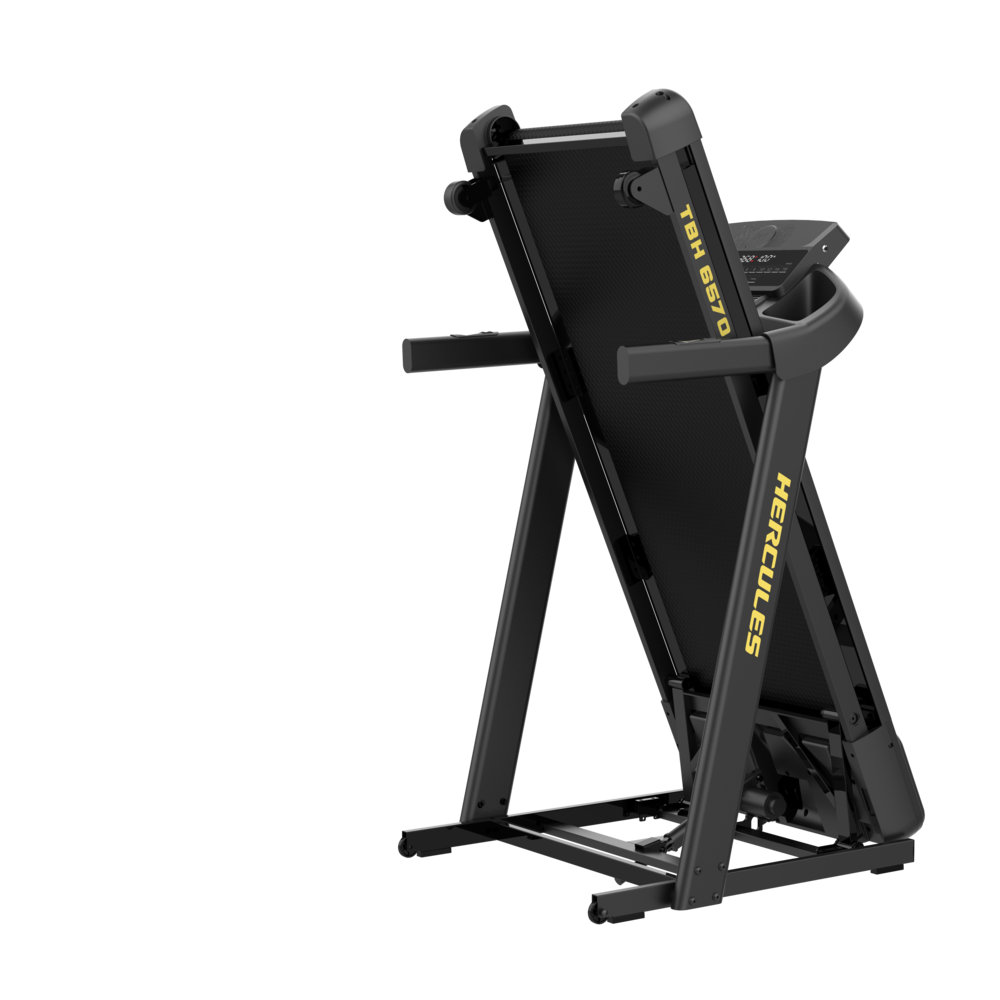 Foldable treadmill in upright storage position with black frame and yellow Hercules branding.