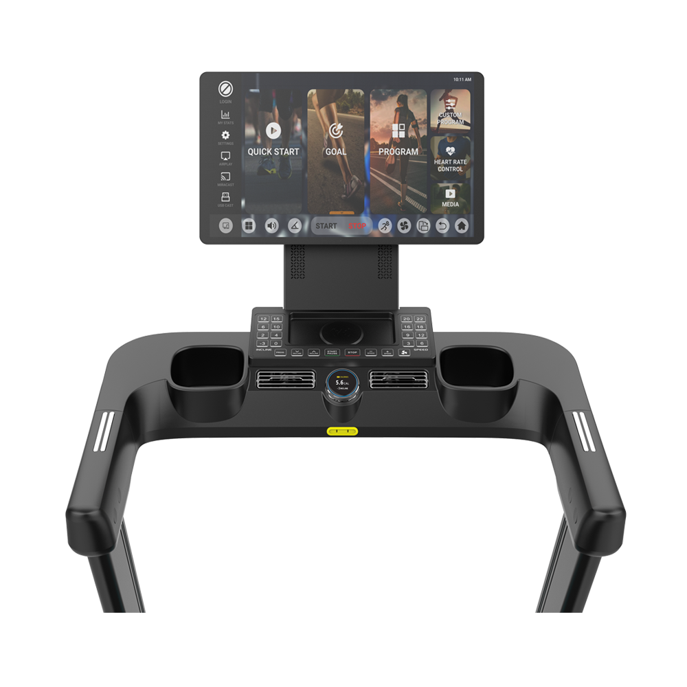 Treadmill control panel with a large touchscreen showing workout options, mounted above dual cup holders and control buttons.