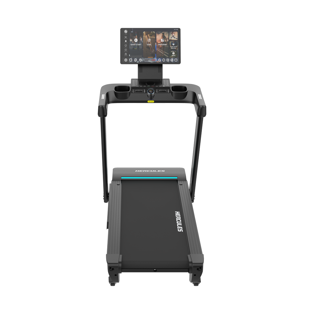 Treadmill with a large console and mounted screen showing workout options, front view of the Hercules machine