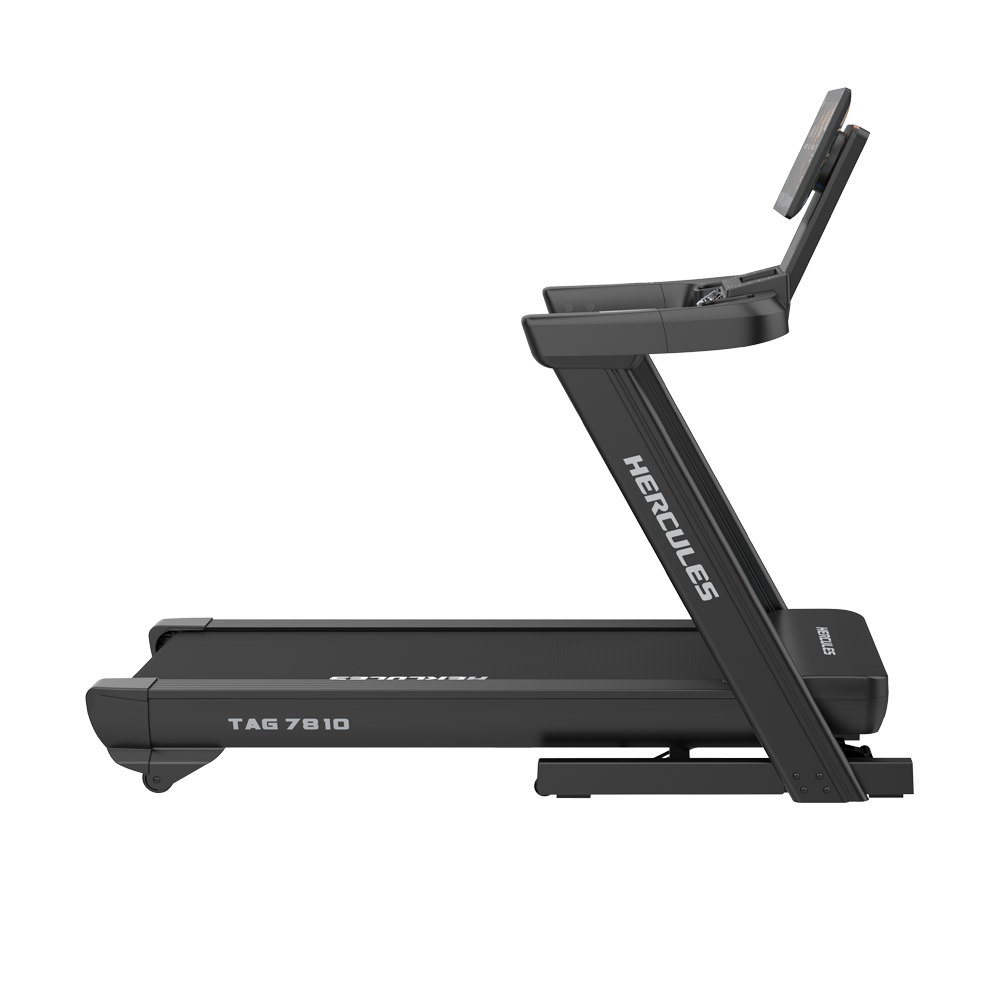 Side view of a black Hercules TAG 7810 treadmill with console and handrails, running belt visible from the side.