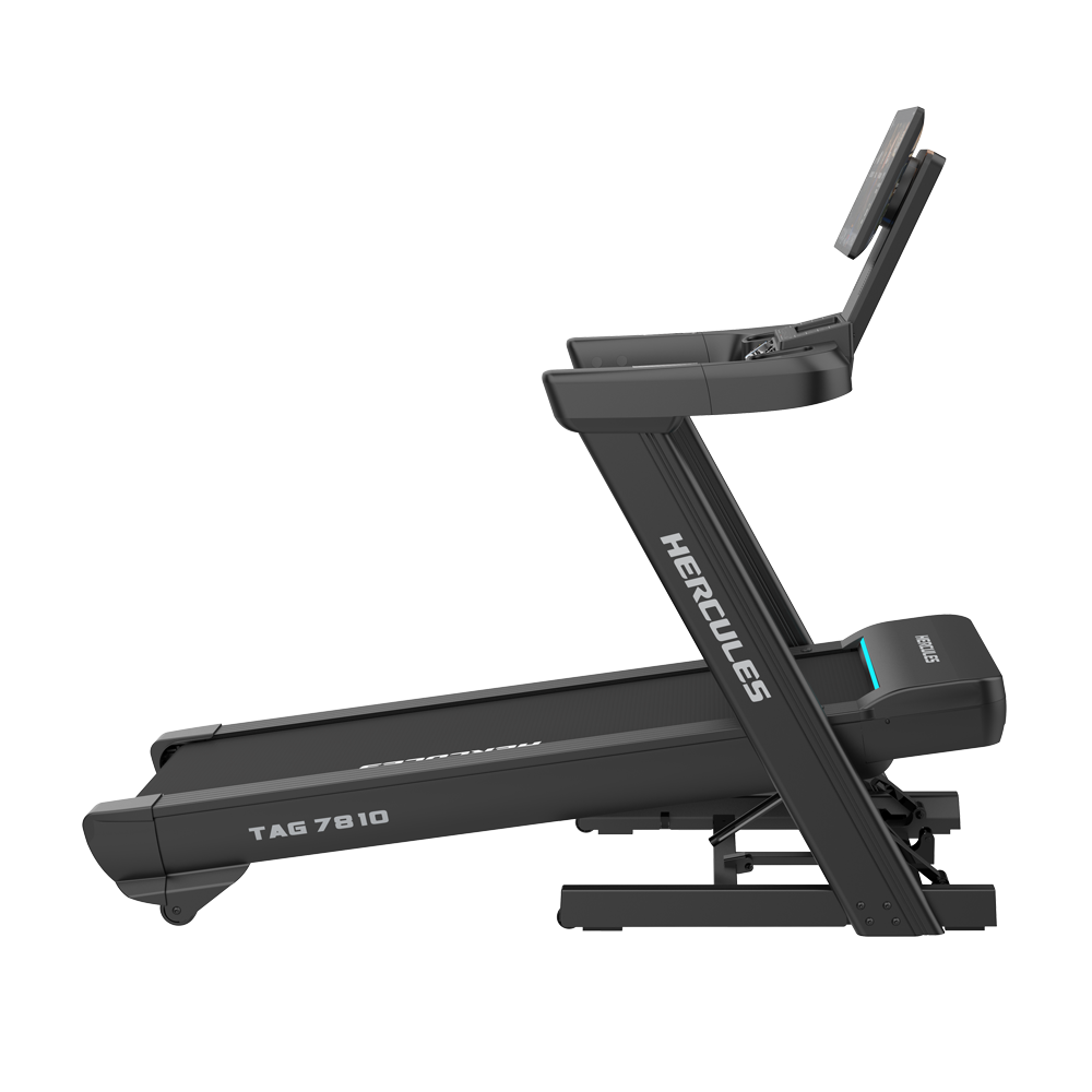 Side view of a black Hercules TAG 7810 treadmill with an elevated console and long running belt.