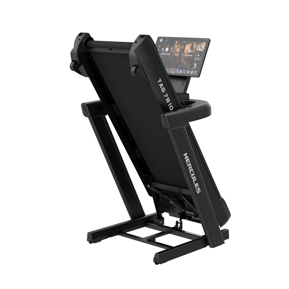Foldable black treadmill with a mounted tablet screen for workouts.