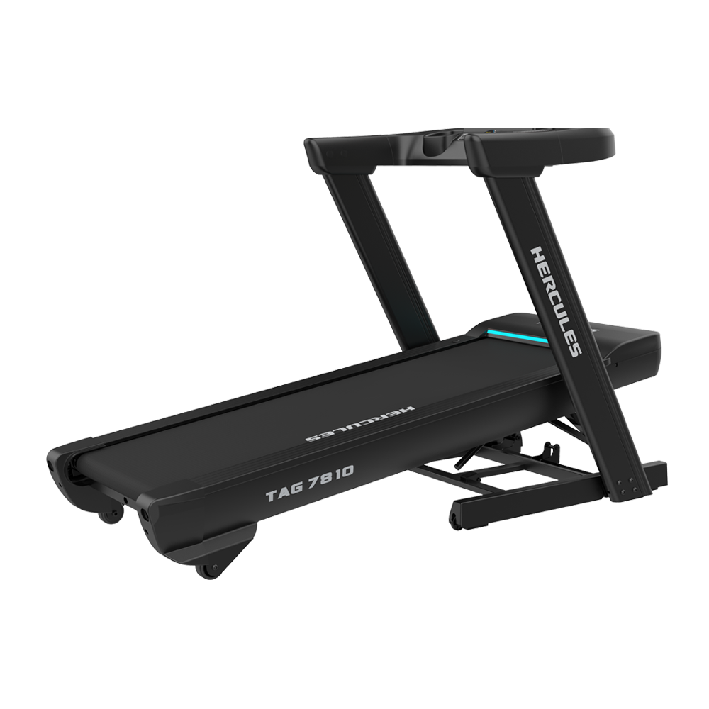 Side view of a black folding treadmill with a running belt, labeled TAG 7810 by Hercules, featuring wheels for easy movement and a compact frame.